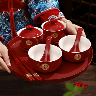 敬茶杯结婚喜碗对碗筷套装，红色改口陶瓷茶杯一对茶具婚庆用品大全