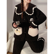 熊猫睡衣女秋冬季珊瑚绒保暖法兰绒加绒加厚卡通可外穿家居服