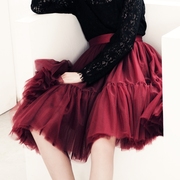 文亚WENYA原创设计浪漫玫瑰酒红高腰蓬蓬网纱裙 半身裙公主裙