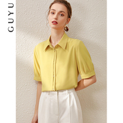 2024年黄色短袖衬衫女设计感小众雪纺上衣时尚洋气职业衬衣女