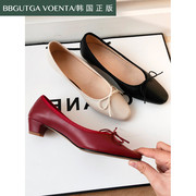 bb古韩国牛皮女鞋2024浅口羊皮小粗跟低跟蝴蝶结，红复古芭蕾舞单鞋
