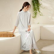 SHIAN 2021夏季中式手绘连衣裙立领复古简约中国风长裙茶服女夏季