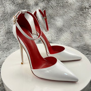 白色漆皮包头一字网红拍照尖头，高跟鞋细跟系带，女性感浅口凉鞋12cm