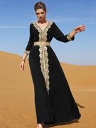 雪纺黑色刺绣蕾丝优雅复古连衣裙度假华丽中东女装九分袖长裙