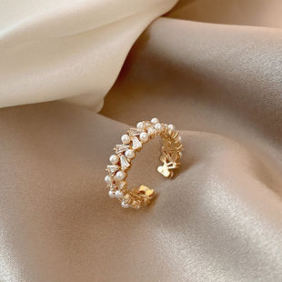 双排珍珠锆石戒指女轻奢小众设计高级感开口戒简约个性时尚指环