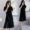 2023夏季法式赫本风小黑裙，女中长版网纱拼接短袖圆领洋装子