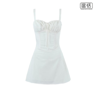 法式复古方领系带镂空鱼骨束腰显瘦吊带短裙女白色连衣裙