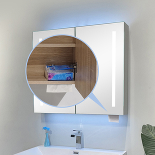 圆形浴室镜实木烤漆镜柜卫生间镜子带置物架挂墙式镜前柜储物柜单
