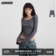 AIRHOOD 喇叭袖美式辣妹复古方领短款长袖T恤女抽褶收腰显瘦上衣