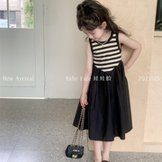 韩国2版023夏季女童洋气条纹拼接大摆背心裙儿童X时髦连衣裙