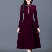 紫红色连衣裙2024春季修身显瘦中长款洋气气质妈妈，装长袖裙子