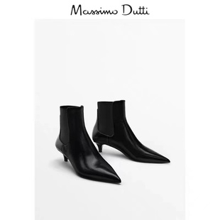 秋季 Massimo Duti女鞋2023 黑色真皮尖头简约风低跟踝靴