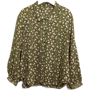 原 价¥68vintage  日本古着日系甜美微透暗绿色雪纺衬衫