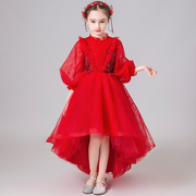 女童礼服公主裙 红色蓬蓬纱拖尾