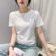 白色短袖t恤女2024夏装欧货设计感盘扣上衣修身洋气半袖小衫