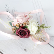 韩式藕粉色玫瑰假花婚纱摄影拍照胸花结婚礼年会礼服新娘伴娘手环