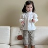 韩版童装2024女童春款套装，立领娃娃衬衫，修身格子喇叭裤两件套