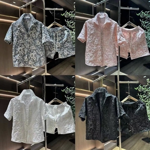 夏季薄款浮雕压花设计小众痞帅短袖衬衫潮流宽松五分衬衣短裤套装