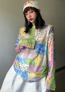 韩国设计师款雪纺弹力叠穿格子碎花，拼接薄款防晒打底长袖t恤夏季