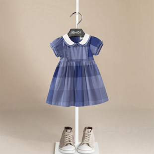 女童公主裙夏装洋气，甜美蓝色女宝格子裙，儿童短袖连衣裙伯米吉童装