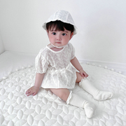 女宝宝夏装婴儿白色公主短袖连体衣百天甜美镂空泡泡袖爬服哈衣裙