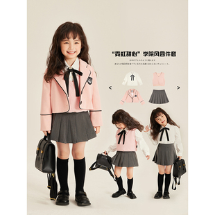 Amybaby女童套装2023秋季儿童学院风甜美气质小西装四件套