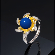 s925戒指花朵纯银女轻奢小众设计高级感个性多米尼加蓝珀戒子8MM