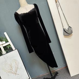 欧美单轻奢法式赫本风黑色，丝绒连衣裙气质，高级性感包臀小礼服0314