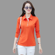 衬衫高端品牌打底衫女时尚长袖纯棉，t恤翻领橙色上衣运动秋衣洋气