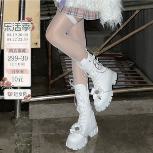 PINKYO原创公主风白色中长筒骑士靴女2024秋冬款平底时装马丁靴子