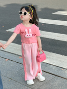 女童休闲运动套装2023夏季韩版短袖粉色可爱t恤阔腿裤长裤防蚊裤