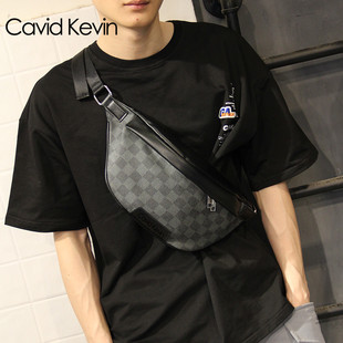 Cavid Kevin欧美男士胸包潮牌个性格子真皮斜挎包时尚单肩包腰包