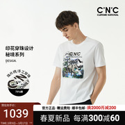 CNC男装奥莱outlets插画重工夏季印花穿珠logo圆领短T透气