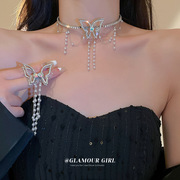 银针镶钻蝴蝶珍珠流苏耳环，项链套装甜美精致少女，耳坠时尚饰品