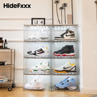 HideFxxx声控灯光鞋盒PET透明球鞋收纳盒LED发光展示墙柜可放54码