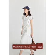 美丽的皇帝白色v领系带短袖连衣裙，女2024夏季通勤百搭中长裙