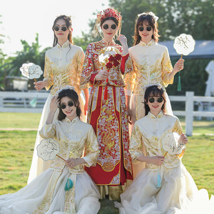 中式伴娘服女小个子婚礼服国风，秀禾旗袍秋冬季姐妹团装伴娘裙
