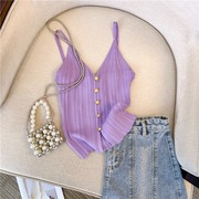 紫色冰丝小吊带背心女夏季薄款纯欲抹胸性感，外穿v领短款针织上衣