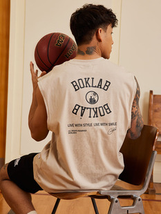 BOK夏季美式运动坎肩健身纯棉印花篮球背心男宽松无袖T恤潮牌
