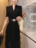 名媛气质女王范连衣裙2024年夏季V领收腰系带短袖高腰蛋糕裙