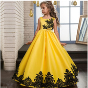 黄色儿童礼服花童婚纱蓬蓬裙，女童钢琴主持人演出服晚礼服长款蕾丝