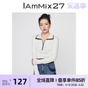 IAmMIX27polo领白色套头针织衫女长袖短款显瘦内搭打底毛衫女薄款