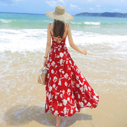 露背连衣裙气质女装，春季吊带红色性感，沙滩裙雪纺海边度假长裙