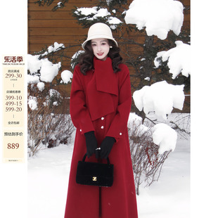70元券朱砂新中式优雅红色，新年外套女围巾款全羊毛双面呢大衣