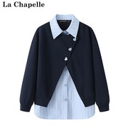 拉夏贝尔lachapelle秋装款针织，坎肩拼接条纹，长袖衬衫假两件套女