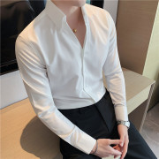 法式一片领白色打底长袖衬衫男纯色痞帅高级感立领衬衣V领加绒潮