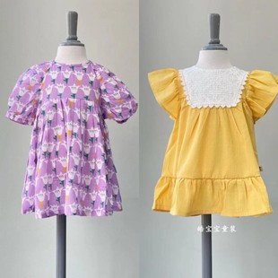 韩版云朵儿童装23夏款女童复古田园风紫色黄色可爱连衣裙3200