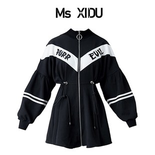 Ms XIDU 独立设计复古运动黑白拼色撞色国潮连衣裙宽松卫衣裙女秋