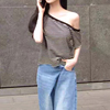 gagaopt韩版设计感斜领露肩，条纹短袖t恤女宽松显瘦百搭短款上衣夏
