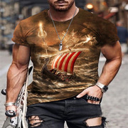 跨境欧美外贸时尚肌肉男装 夏季圆领3D印花T恤 网布宽松短袖 
